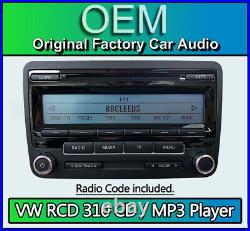 VW RCD 310 CD MP3 player, VW Caddy car stereo headunit, Supplied with radio code